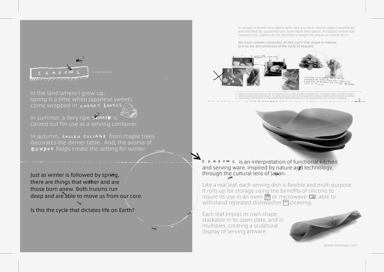 SEASONS, COVO. Design by Nao Tamura. | The original SaloneSatellite handout, 2010—sketches, prototypes, handwritten
notes. The broken plate, crossed out at lower left, is the reason each leaf is unbreakable. SEASONS, COVO. Design by Nao Tamura. | The original SaloneSatellite handout, 2010—sketches, prototypes, handwritten
notes. The broken plate, crossed out at lower left, is the reason each leaf is unbreakable.