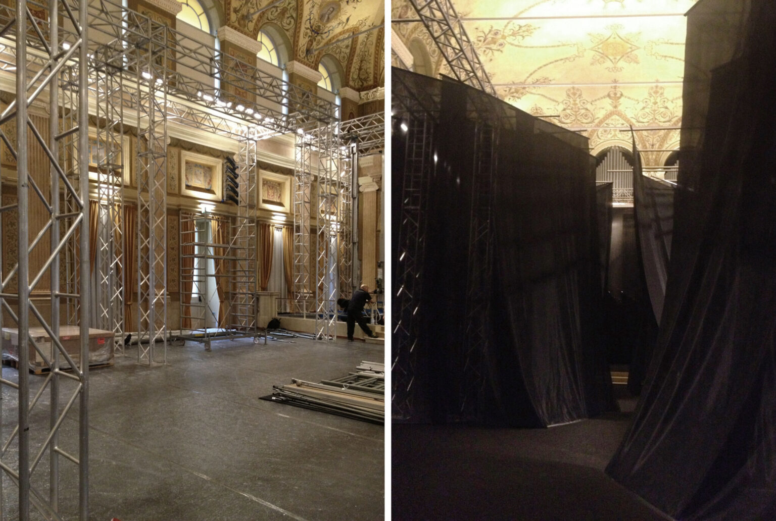 MOVING HORIZON, WonderGlass. Installation by Nao Tamura. | The hall of the Istituto dei Ciechi, twice. The steel going up, and one of the passages the day before opening, the frescoes still visible above the net.