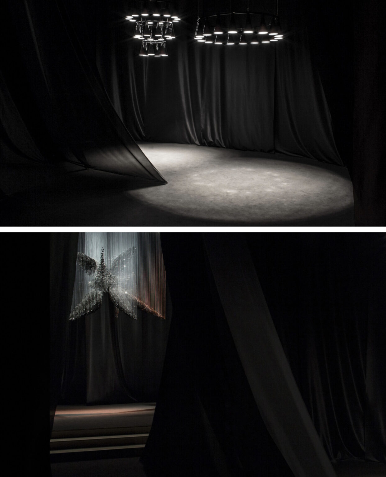 MOVING HORIZON, WonderGlass. Installation by Nao Tamura. | LUMA by Zaha Hadid and KOMORI by Nendo, each in its own cylinder. The floor is where the light landed.