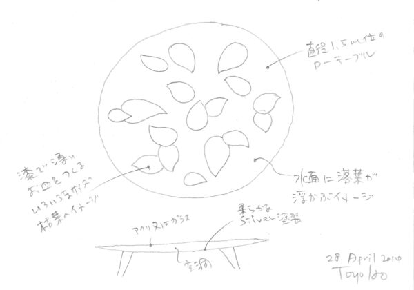 URUSHI, Take Action Foundation. Design by Nao Tamura. | Toyo Ito's first sketch, 28 April 2014. Fallen leaves on the surface of water.