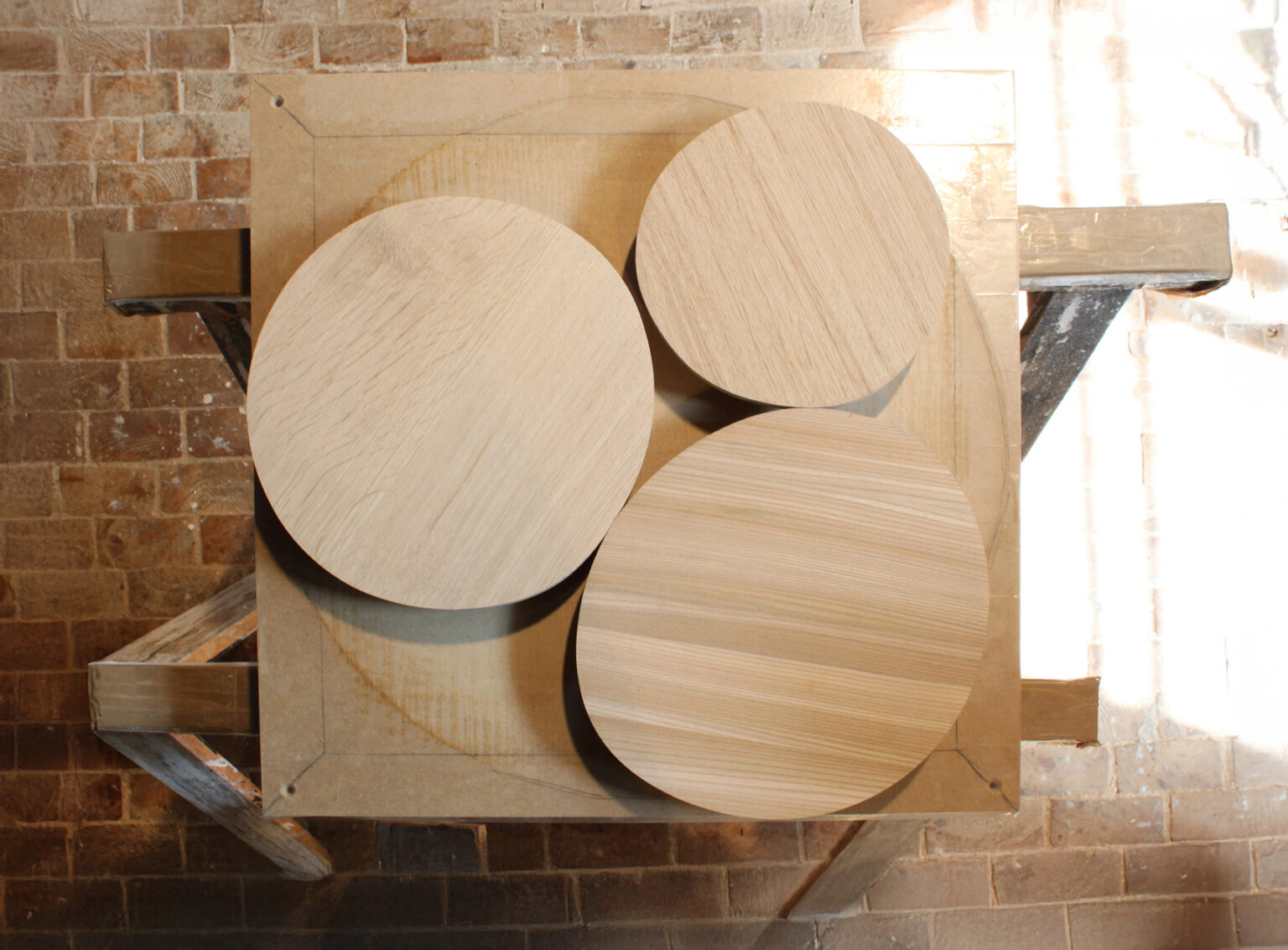 Nao Tamura, NaoTamura, NIKARI, naotamura, nownao, Scandinavian design, stool, design, wood, nature, craftsmanship, ニカリ,finish design, Finland, フィンランド、照明、田村なお、田村奈穂、デザイナー、女性デザイナー、ニューヨーク、コードレス、防水照明, NewYork designer, NYC, Female designer | First tops in the workshop—three discs, finding their overlap.