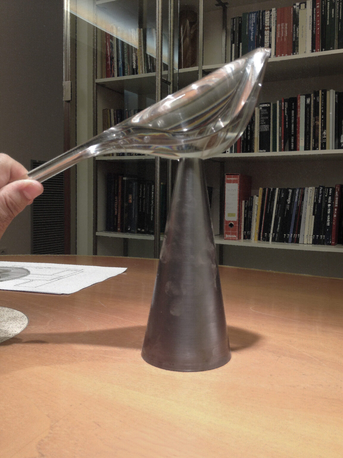 TIKI, Established & Sons. Design by Nao Tamura. | The first prototype, solid acrylic, at the manufacturer in Italy. No light yet—just the shape, to see if it read as a bird.